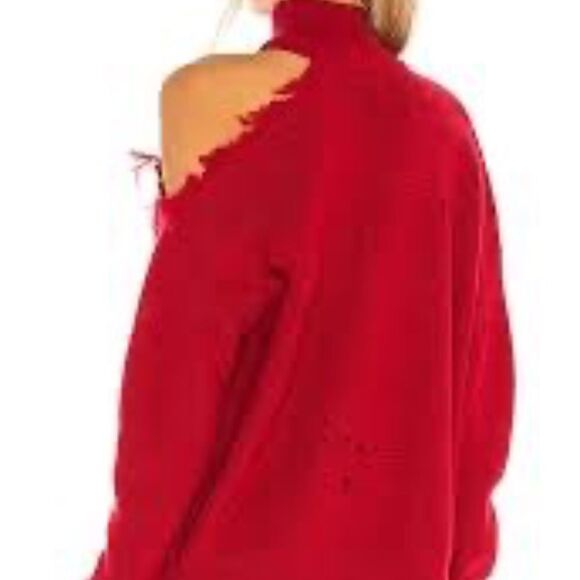 Lovers + Friends Arlington NWT Distressed Ripped Cold Shoulder Red Sweater Sz M - Picture 2 of 10